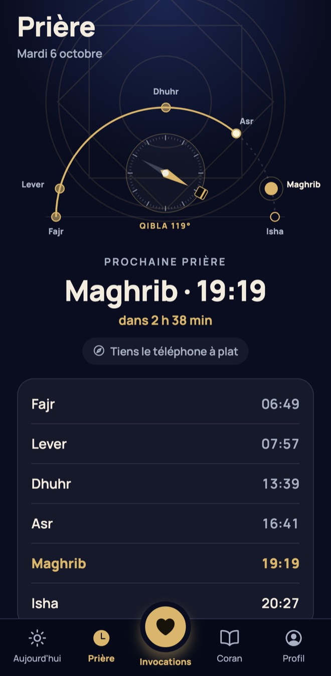 Horaires de prière et direction de la Qibla dans l'appli Salsabil