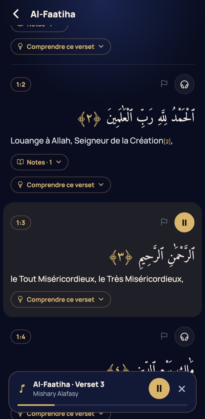 Récitation du Coran verset par verset dans l'appli Salsabil